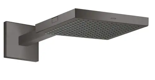Duschkopf mit rechteckiger Form und mehreren Wasseröffnungen, montiert an einem geraden Brausearm, gefertigt von AXOR in Brushed Black Chrome.